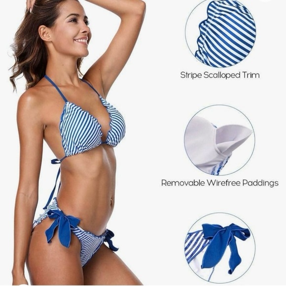 UPF50+ Sun Protection Bikini Blue White Striped Ruffle Large - Picture 2 of 8